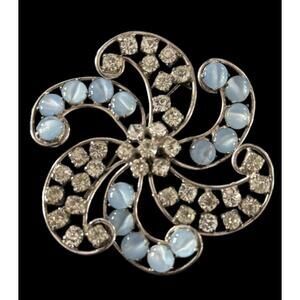 Vintage Sterling Silver Moonstone Rhinestone Flower Spray/Pinwheel Pin Brooch 3”